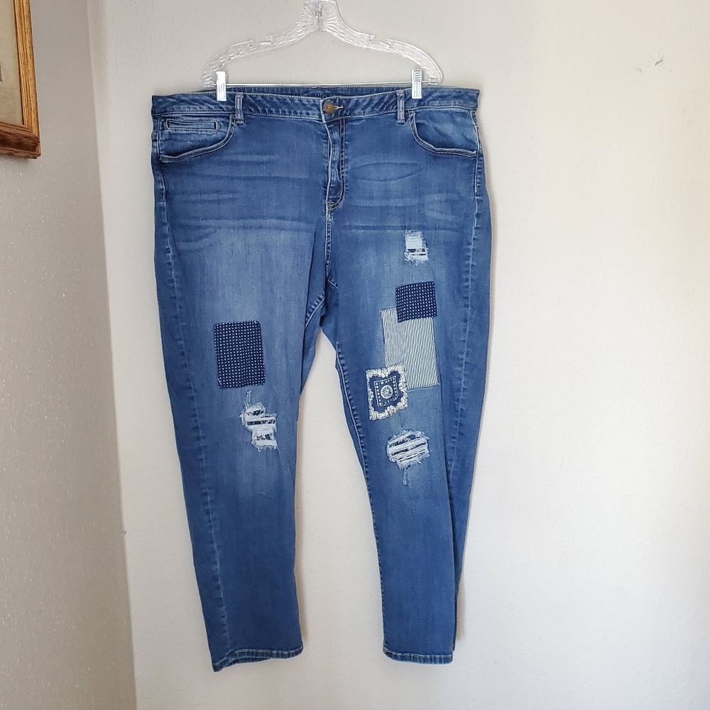 Lane Bryant Low Rise Boyfriend Blue Jean Distressed Patch Patchwork Women's 26R